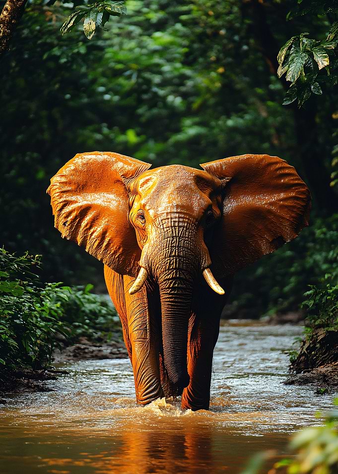 Elephant wading through river in jungle