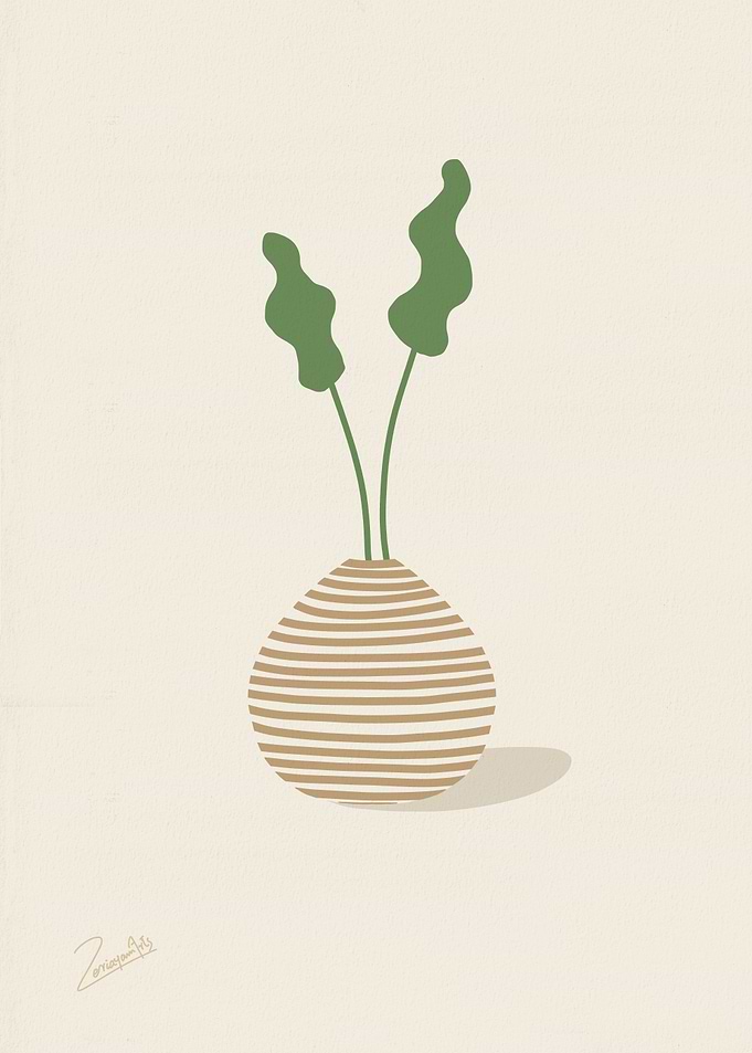 Minimalist Plant in Striped Vase Illustration