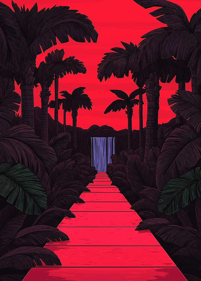 Red Tropical Path to Waterfall