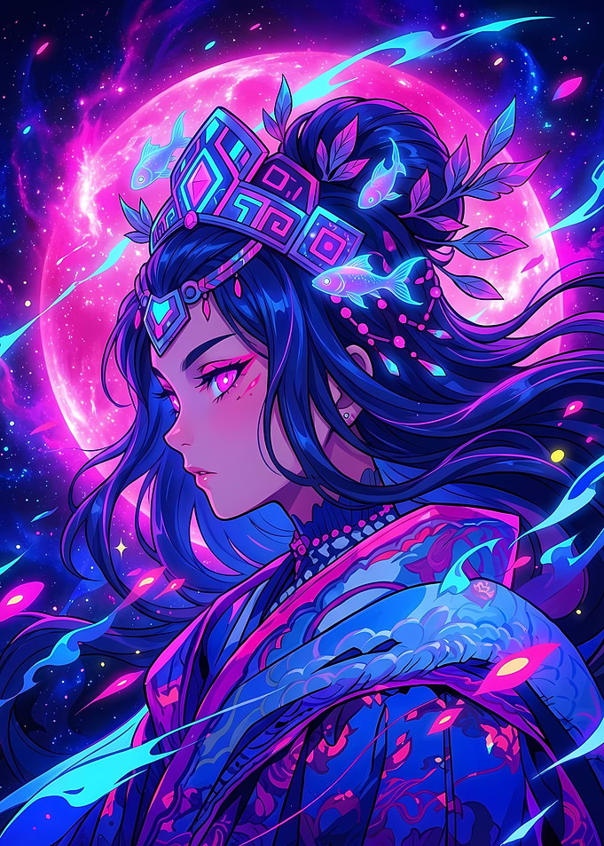 Neon Anime Girl with Crown and Moon