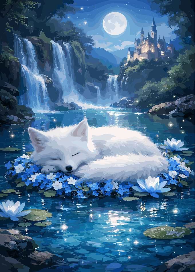 Sleeping White Fox in Fantasy Landscape