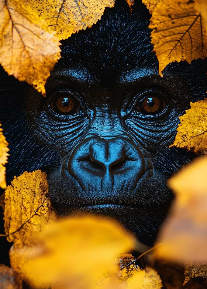 Gorilla Portrait with Autumn Leaves