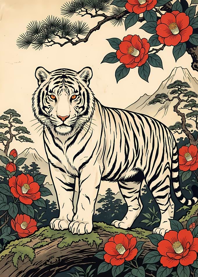 White Tiger with Red Camellias