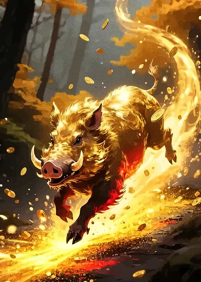 Golden Boar Running with Coins