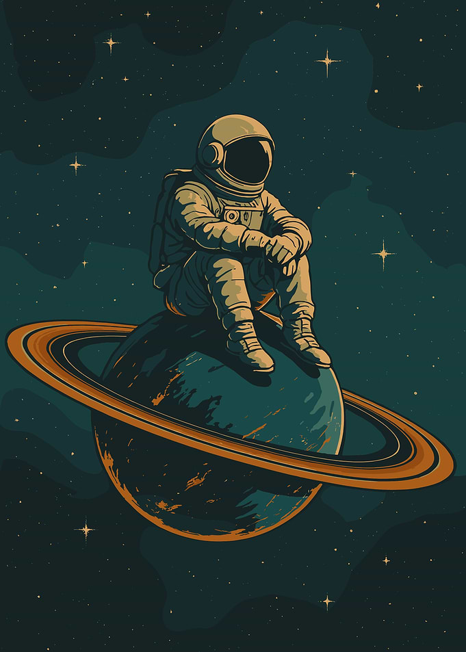 Astronaut Space Poster, Surreal Planet Wall Art, Cosmic Meditation Illustration Print