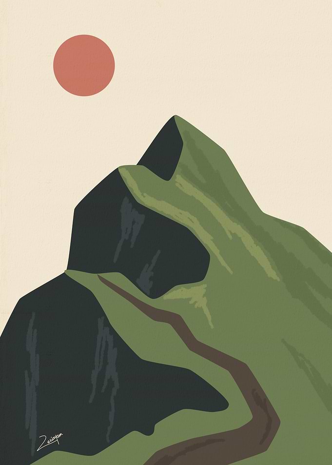 Minimalist Mountain Landscape with Red Sun