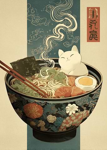 Cat in Ramen Bowl Art