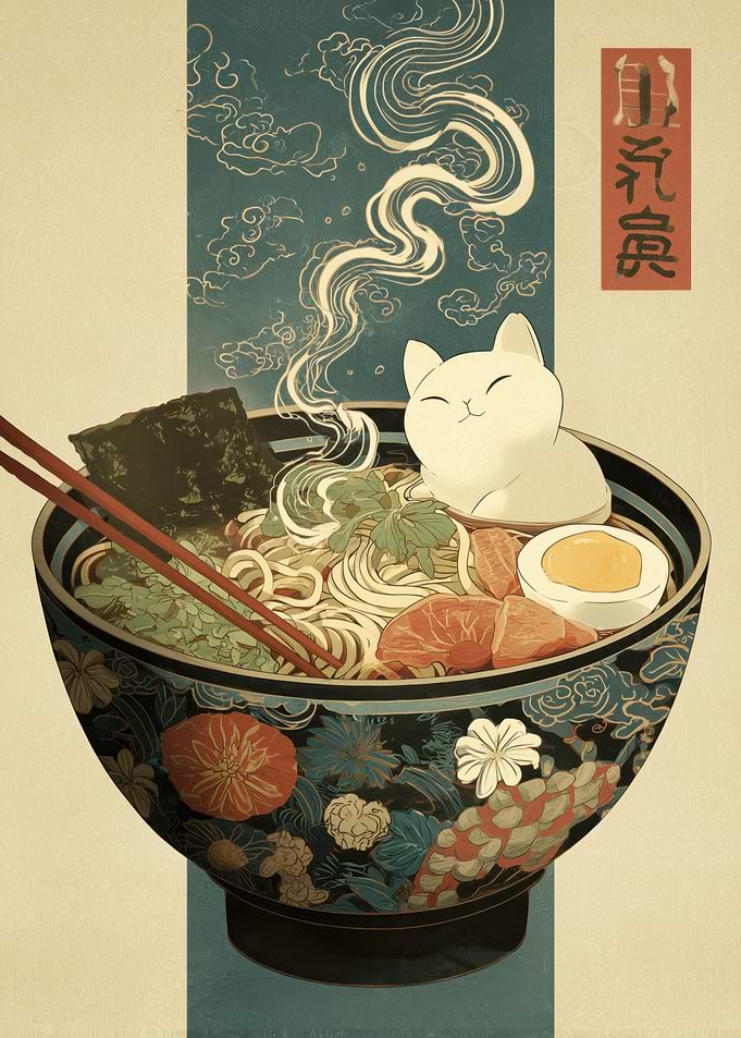Cat in Ramen Bowl Art