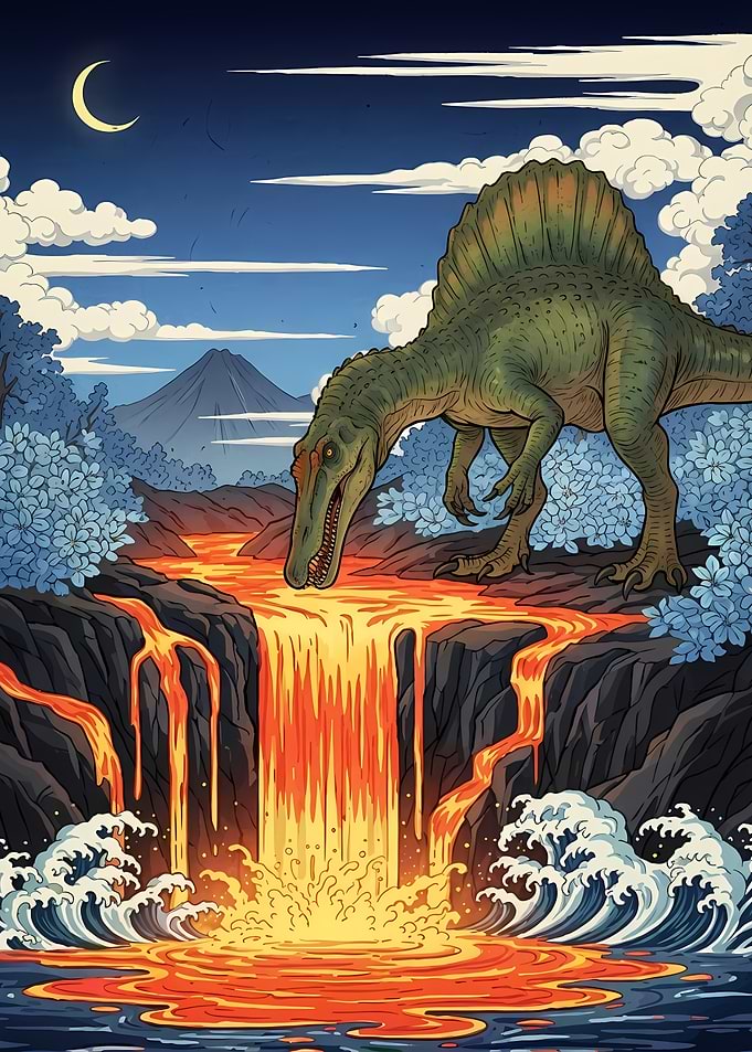 Spinosaurus and Lava Waterfall Illustration