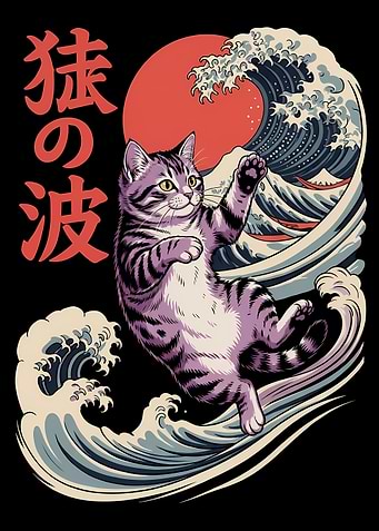 Cat Surfing Japanese Wave Art