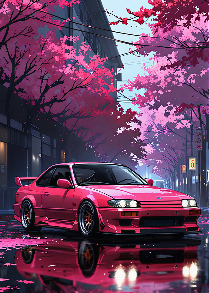 Pink Car Under Cherry Blossom Trees
