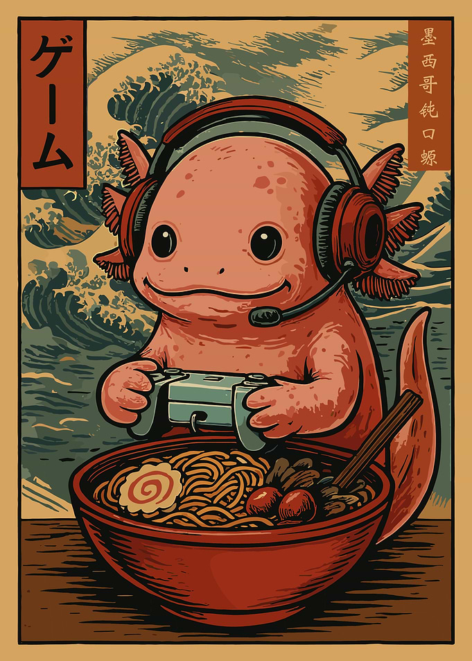 Axolotl Gamer Ramen Poster, Japanese Food Wall Art, Cute Anime Kitchen Illustration Print