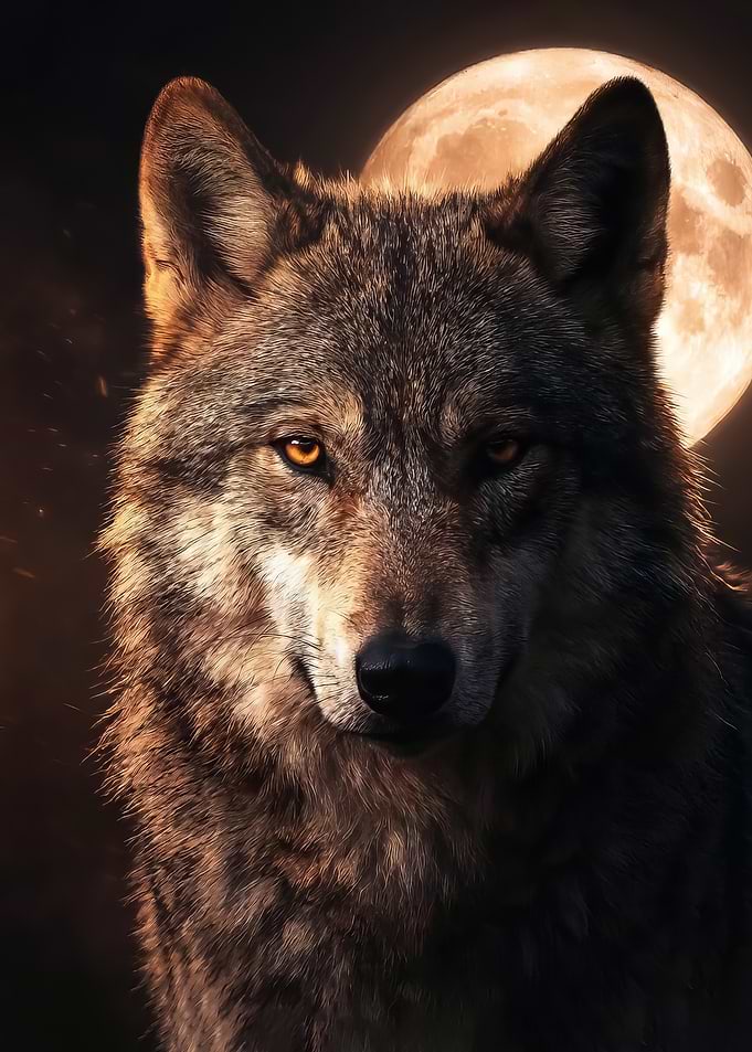 Wolf Portrait with Full Moon Backdrop
