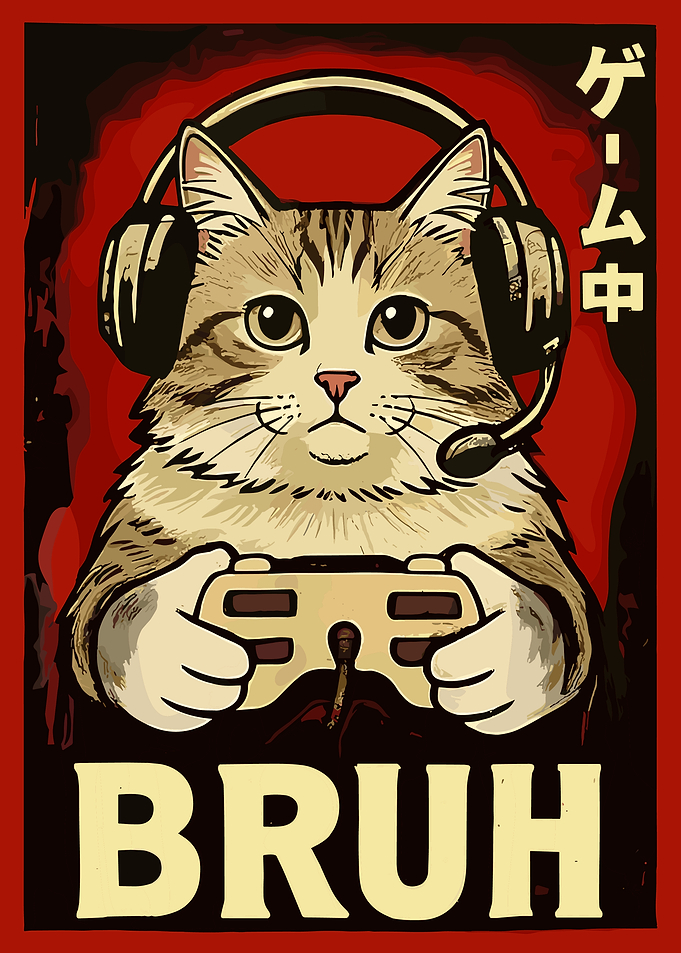 Bruh Gamer Cat Poster, Japanese Style Gaming Wall Art, Retro Propaganda Cat Illustration