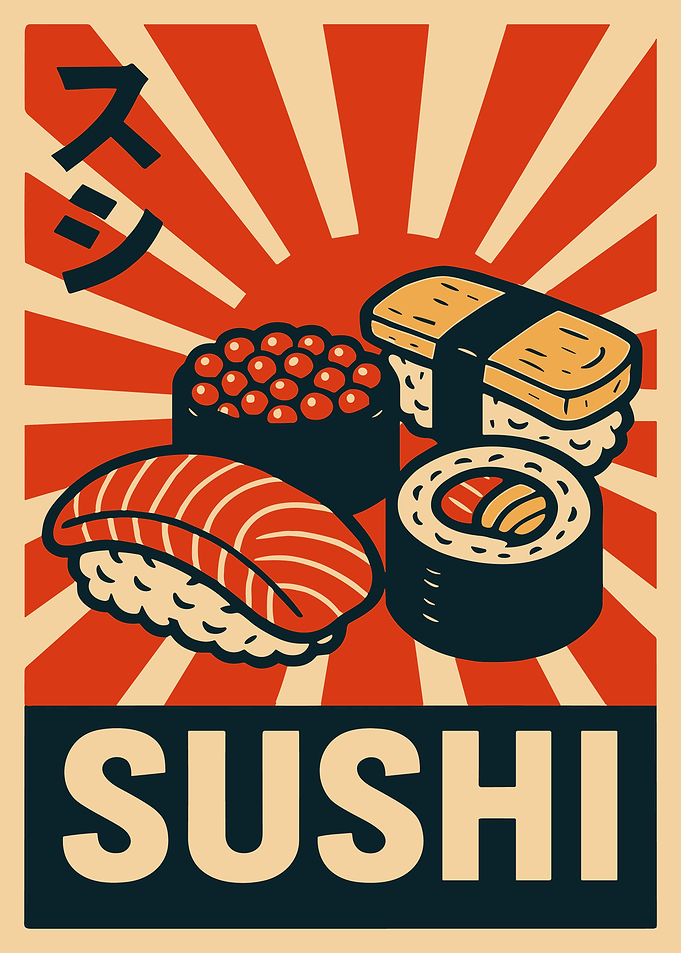 Sushi Japanese Food Poster, Retro Asian Wall Art Print, Vintage Japan Cuisine Illustration