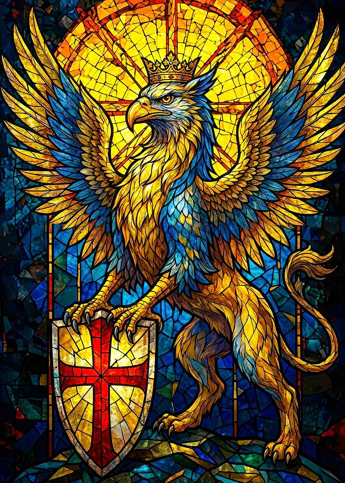 Stained Glass Griffin with Shield