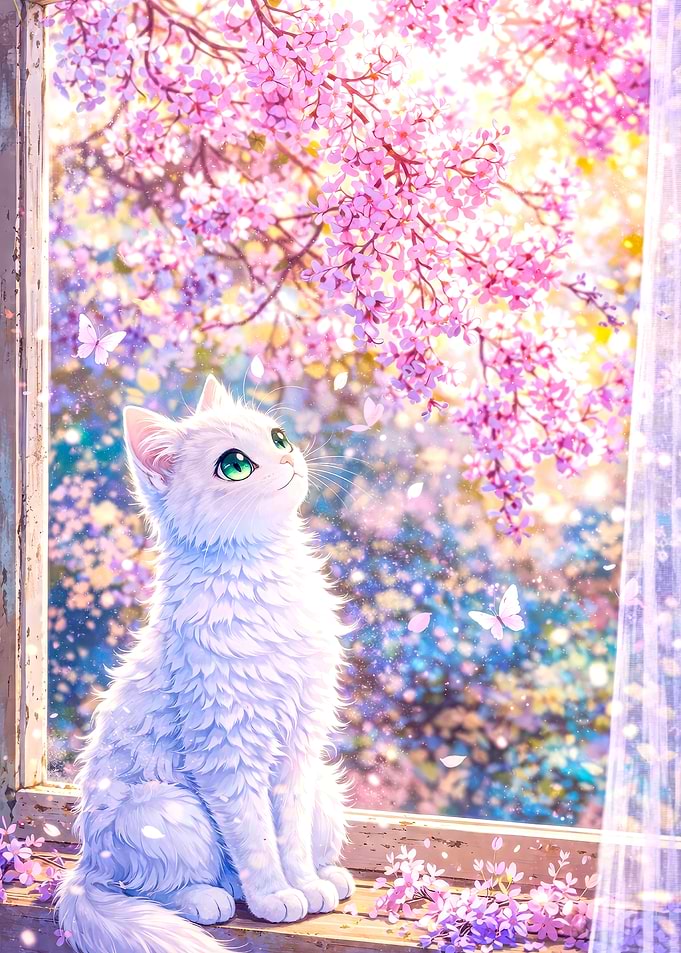 White Cat and Cherry Blossoms