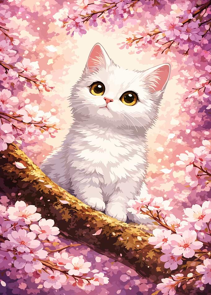 White Cat in Cherry Blossom Tree