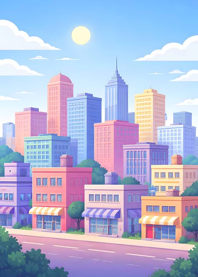 Pastel Cityscape Cartoon Illustration