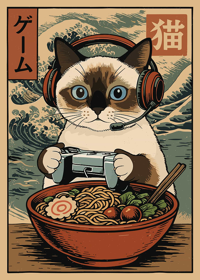 Gaming Cat Ramen Poster, Ukiyo-e Japanese Art Print, Anime Style Kitchen Wall Decor