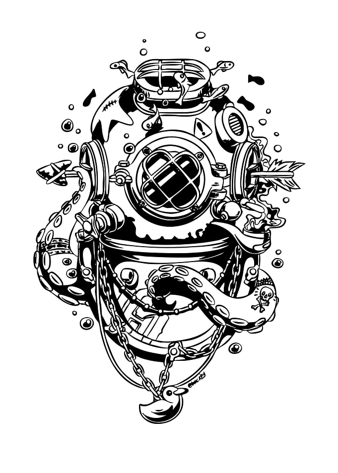 Diver Helmet with Octopus and Arrow