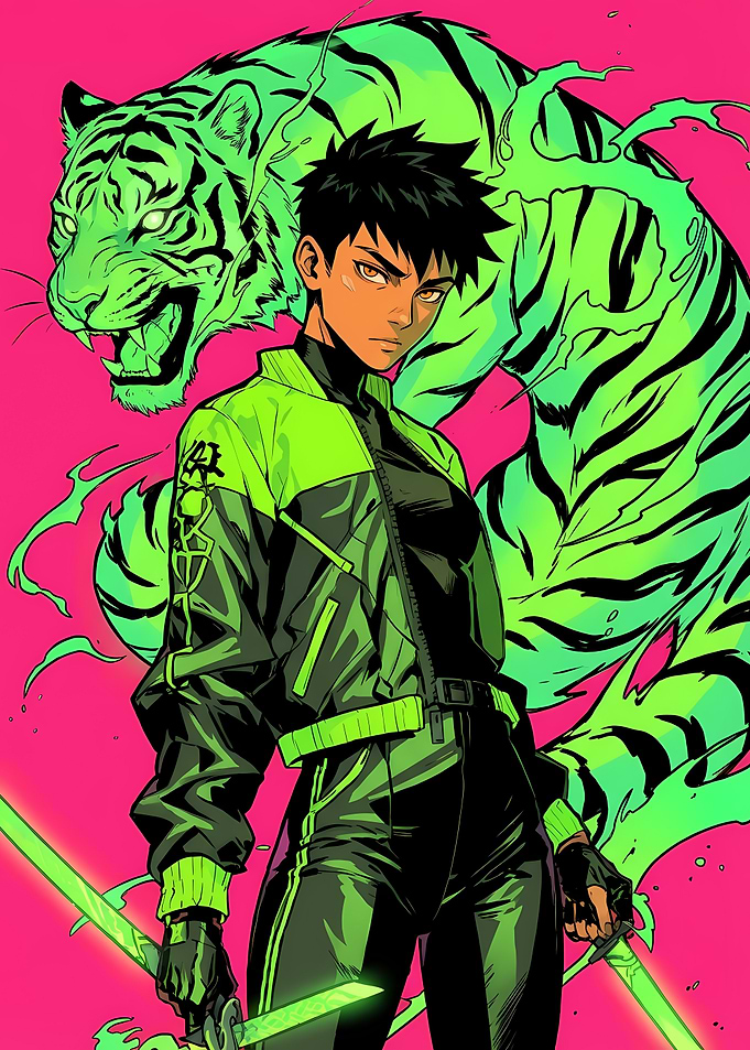 Neon Tiger and Warrior Illustration