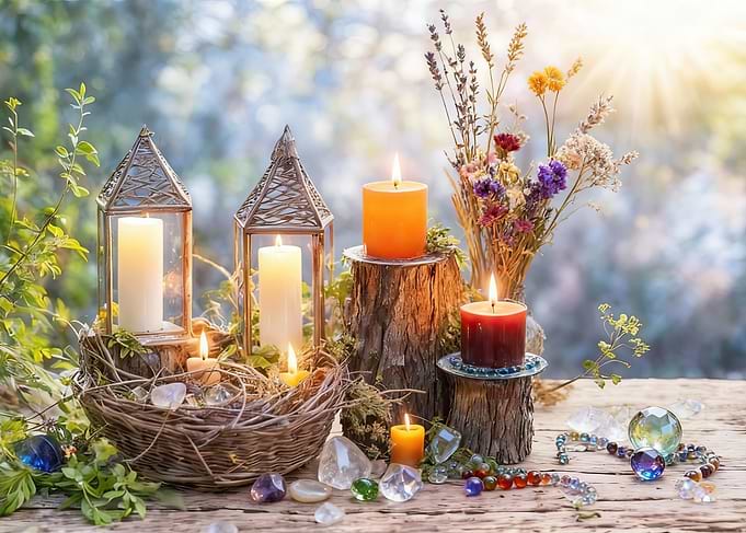 Candles, Crystals, and Flowers Still Life Boho Vibe Bohemian