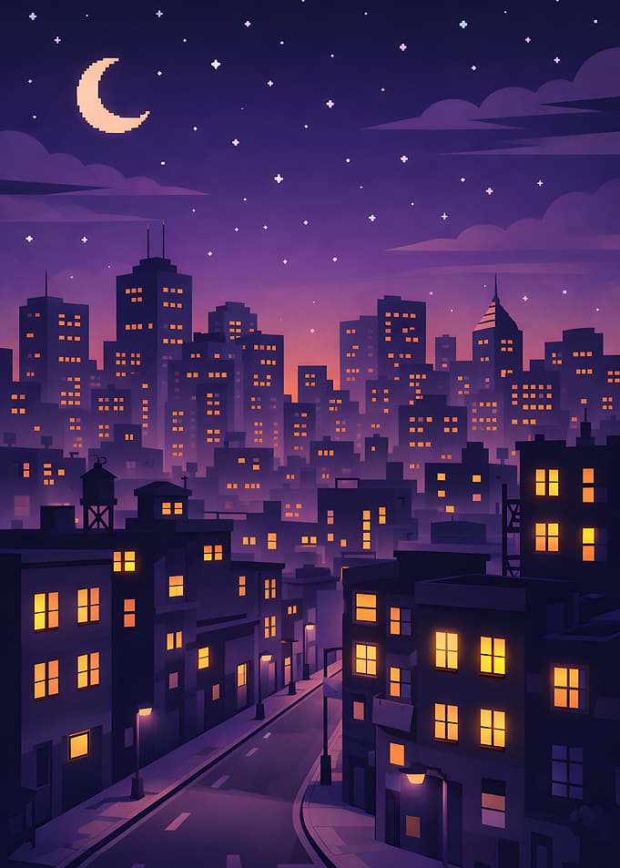 Pixel Art Cityscape at Night