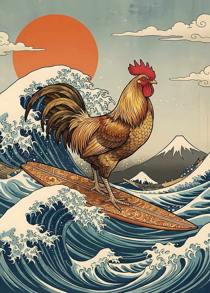 Surfing Rooster Japanese Art
