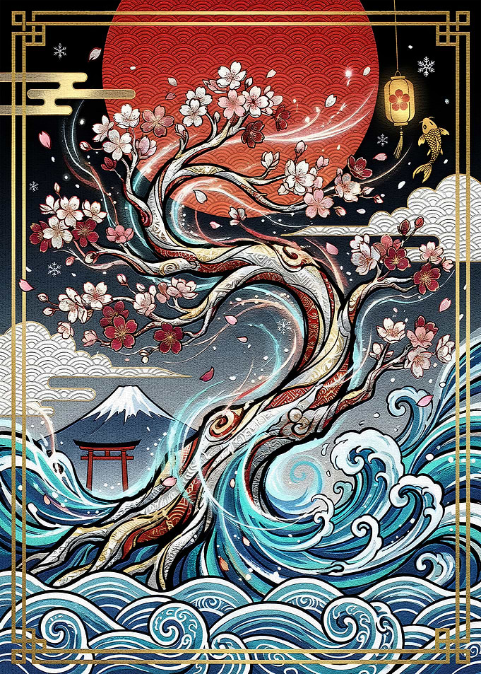 Japanese Cherry Blossom Tree and Waves