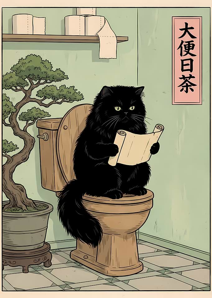 Cat on Toilet Reading Scroll