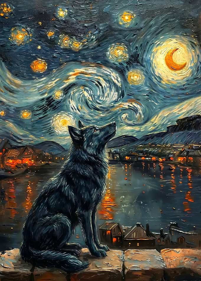 Wolf gazing at starry night painting