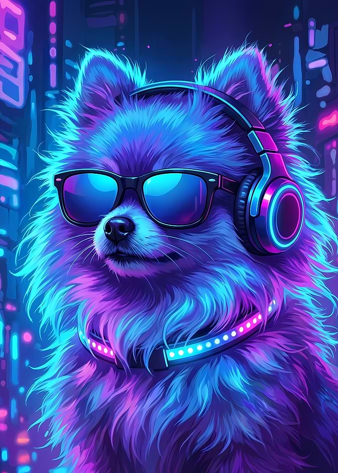 Cyberpunk Dog with Headphones and Glasses