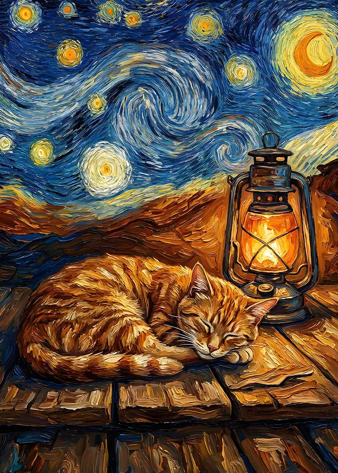 Starry Night Cat with Lantern