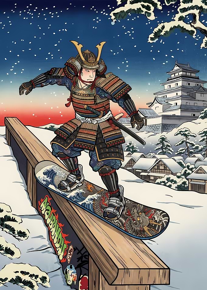 Samurai Snowboarder in Winter Landscape