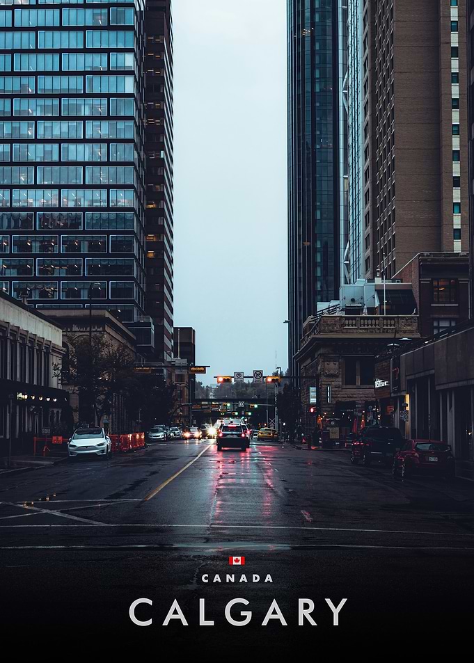 Calgary street view on a rainy day