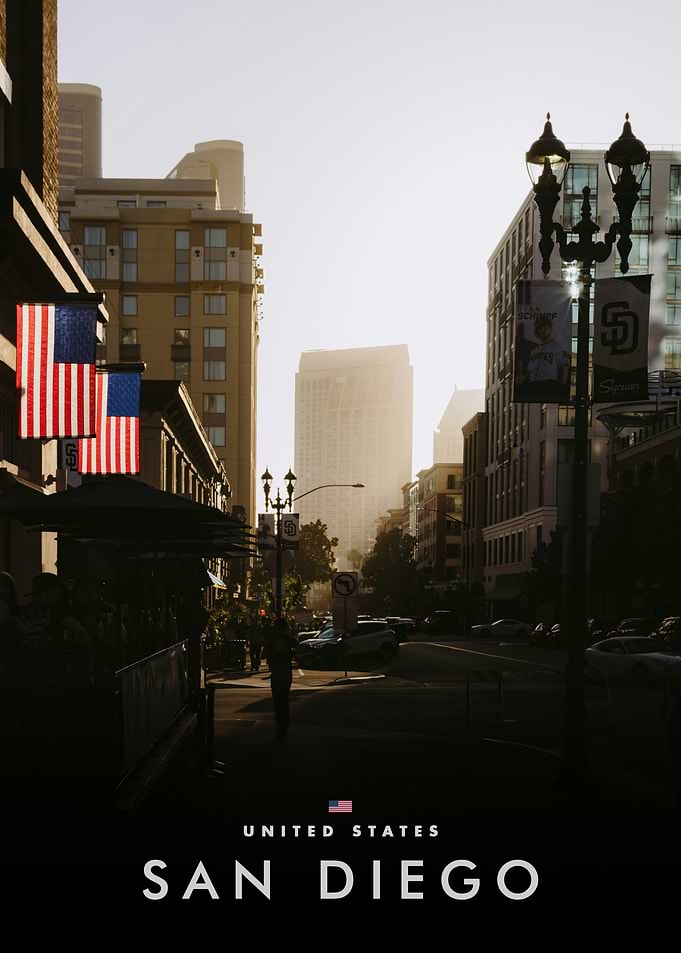 San Diego street view with US flags