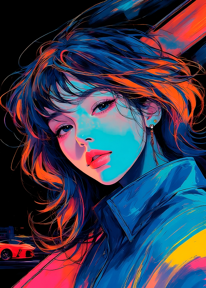 Neon Portrait of a Woman with Car