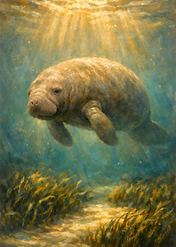 Manatee underwater painting with sun rays