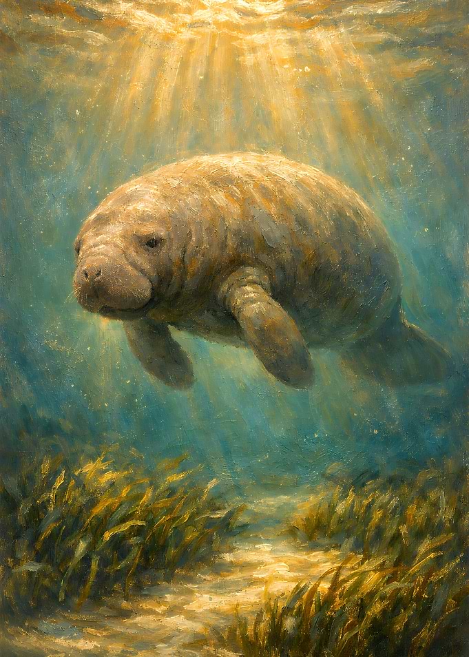 Manatee underwater painting with sun rays