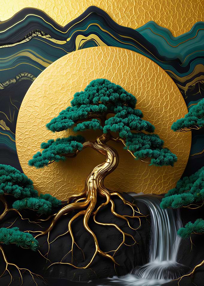 Golden Bonsai Tree with Waterfall