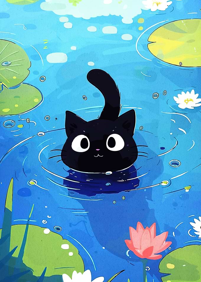 Black Cat in Lily Pond