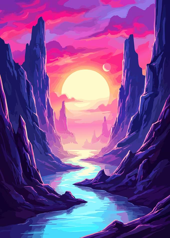 Fantasy Landscape with River and Mountains