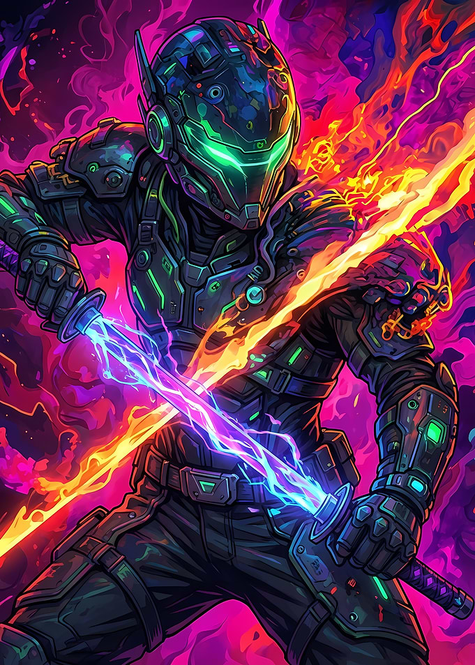 Cyberpunk Warrior with Energy Swords