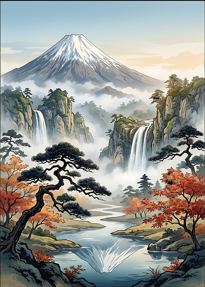 Japanese Landscape with Mountain and Waterfalls