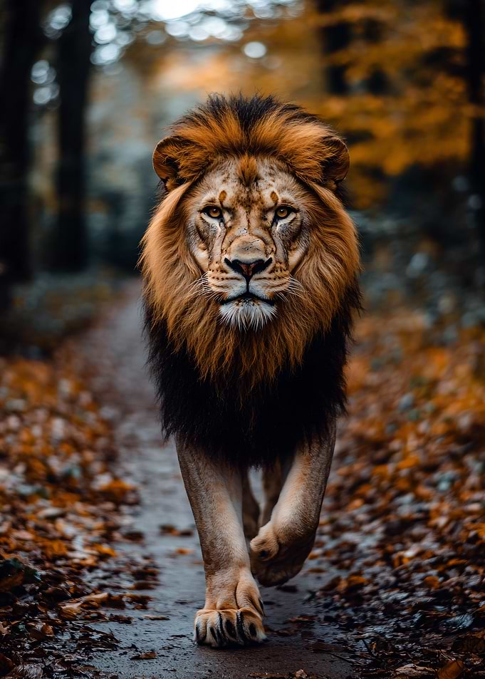 Majestic Lion Walking Through Autumn Forest