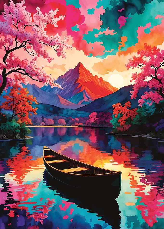 Colorful Mountain Lake with Canoe