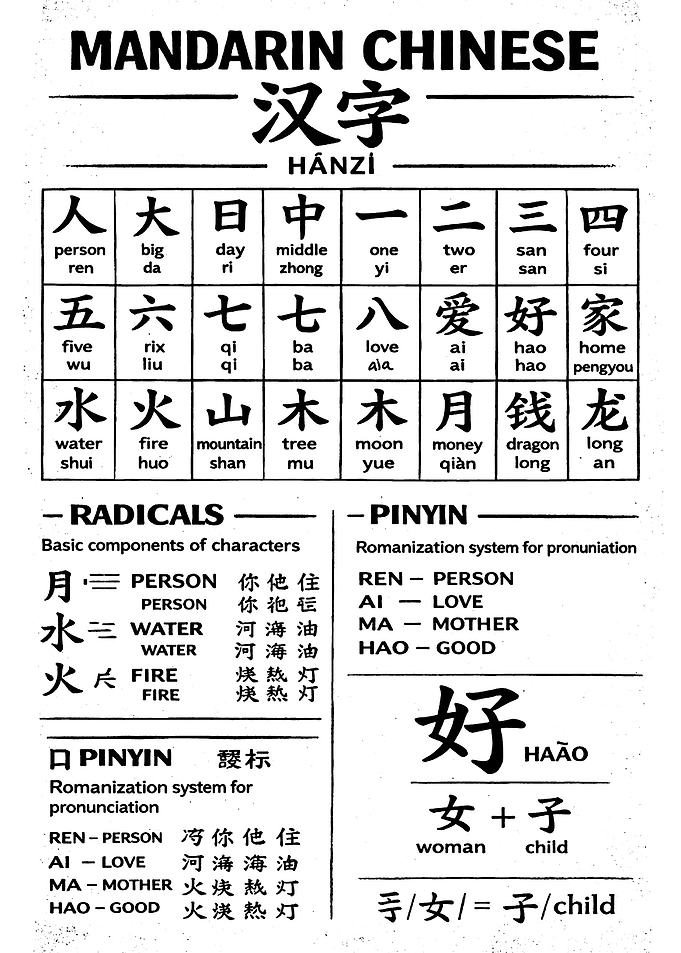 Mandarin Chinese Characters and Pinyin Guide