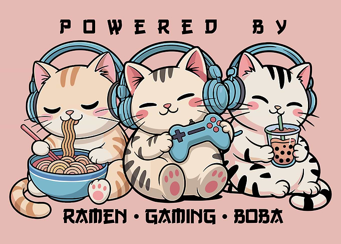 Powered by Ramen Gaming Boba Poster, Cute Cat Wall Art, Kawaii Gamer Room Decor