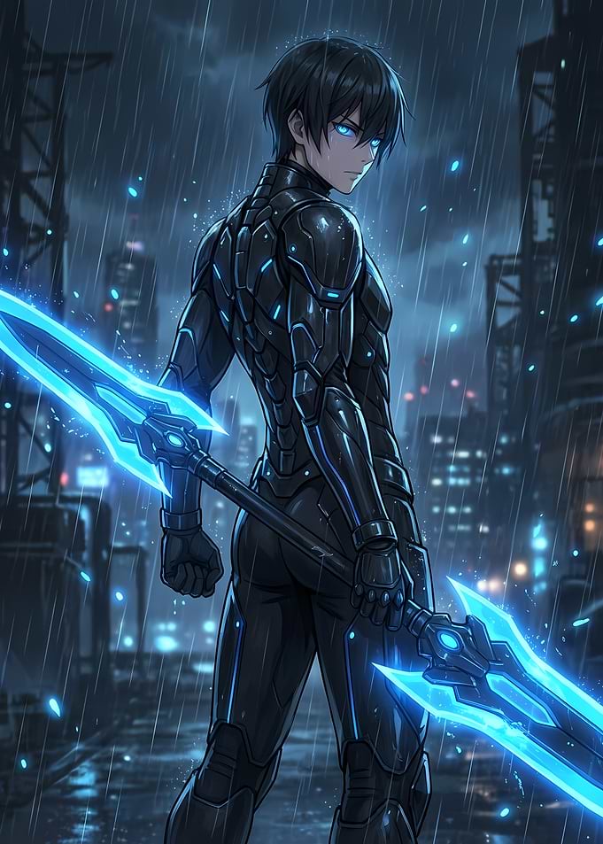 Anime Warrior in Rainy Cityscape